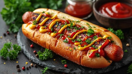 Hot dogs with a sausage on a fresh rolls garnished with mustard and ketchup