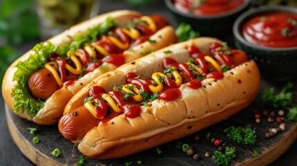 Hot dogs with a sausage on a fresh rolls garnished with mustard and ketchup - obrazy, fototapety, plakaty