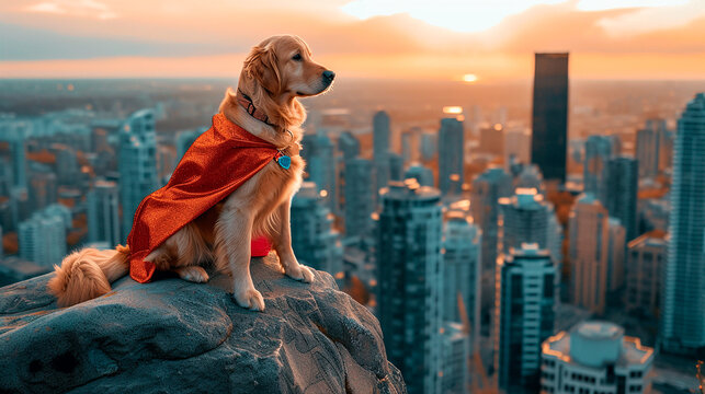 Vigilante Canino: Perro Superh&eacute;roe Contemplando la Ciudad