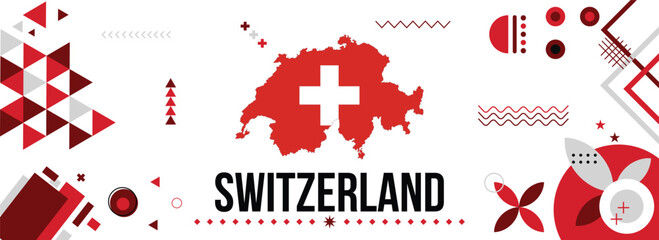 switzerland national or independence day banner for country celebration. Flag and map of switzerland with raised fists. Modern retro design with typorgaphy abstract geometric icons.