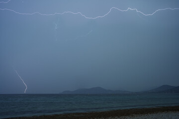 Thunderstorm with lightning, over the Mediterranean Sea  in the South of France