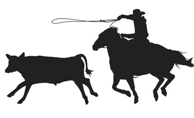 cowboy on horseback throws a lasso at a steer, isolated vector silhouette