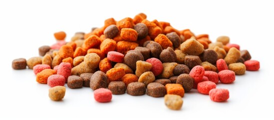 A vibrant assortment of cat food ingredients displayed on a pure white backdrop, creating a visual feast of natural produce for feline cuisine.