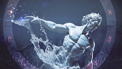 Abstrakte Wassermann-Skulptur in astrologischem Tierkreis vor blauem Hintergrund. Illustration