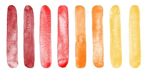Red, orange, yellow watercolor brush strokes set, collection. Fire, flame colors. Text background. Hand drawn watercolour rectangle shape stripes, paint smears. Aquarelle stains banner template