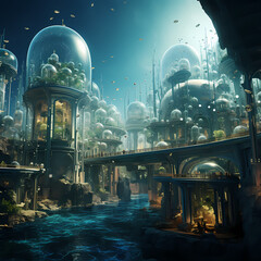 Underwater city with glass domes.