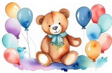 Teddy bear sitting on garland and balloons, greating card concept