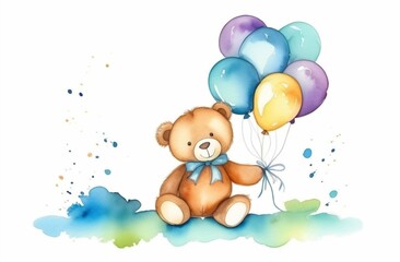 Teddy bear sitting on garland and balloons, greating card concept