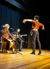 Flamenco ensemble: dancer leading performance with musicians, copy space.