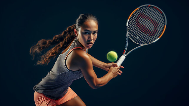 woman playing tennis on black background - Powered by Adobe