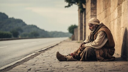 poor man by the road, the problem of poverty and misery - obrazy, fototapety, plakaty