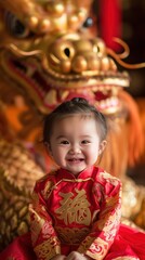 An 8-month-old Chinese girl smiles in a red and gold dress. Surrounded by a large dragon