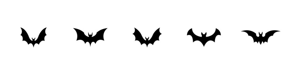 Halloween bat silhouette set isolated on white background. Spooky black horror bat graphic. Vector