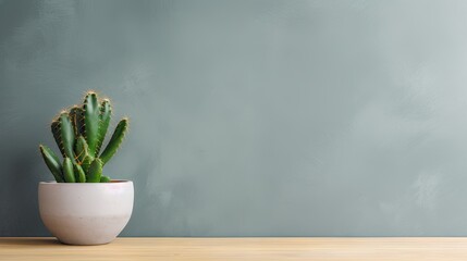 Home interior featuring cactus in a ceramic pot on a wooden table in a modern room with plants and a grey wall with space for text.