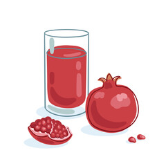A large glass of pomegranate juice and a fresh pomegranate. Picture in line style. Dark outline with colored spots. Isolated on white background. Vector flat illustration.