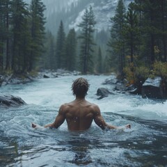 A man is seen from behind meditating sitting on a rock in the open with a river and forest in the background, a concept for healing the soul, inner calm, peace, positive energy. Generative Ai