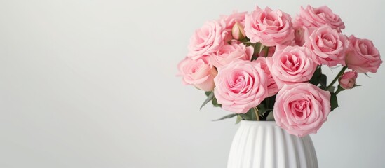 A beautiful arrangement of pink Hybrid tea roses in a white vase, displayed against a white wall. This bouquet adds a touch of elegance to any space.