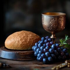 Bread and cup of wine. Holy Communion. Photos for religious church publications