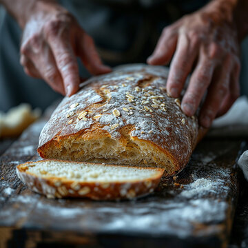 Bread with a crispy crust, freshly baked, in the hands of a man.