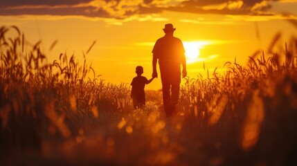 An old farmer walks into the sunset with his son.