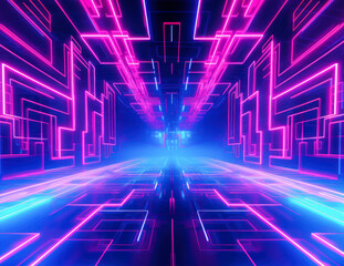 Futuristic techno Sci-fi neon glowing lines background. Digital artwork. Reflections on the floor and ceiling. Virtual 3D background, representation for business