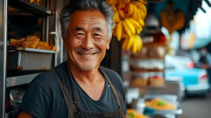 Fototapeta premium Portrait of Happy Middle Aged Asian Man Standing Outside His Food Cart - Small Business Owner Concept