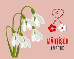 Martisor, Moldovan and Romanian traditional spring holiday. Bouquet of white snowdrops. Floral spring background, postcard, vector	
