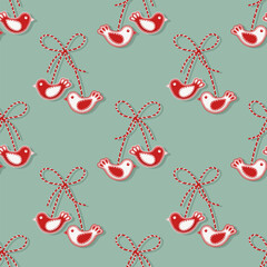 Seamless pattern, Martisor, red and white symbol of spring. Traditional spring holiday in Romania and Moldova. March 1. Background, vector.	
