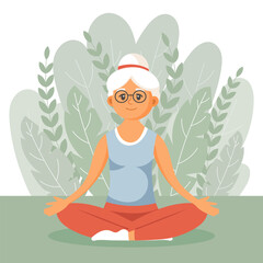 Happy old woman grandmother goes in for sports, yoga, walks. An elderly woman is exercising. Flat illustration in cartoon style, vector