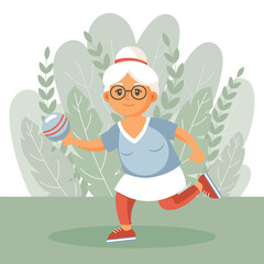 Happy old woman grandmother goes in for sports, yoga, walks. An elderly woman is exercising. Flat illustration in cartoon style, vector