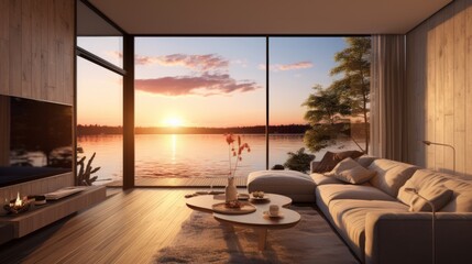 Terrace in the house and a balcony with the view of the sunset over the lake - obrazy, fototapety, plakaty