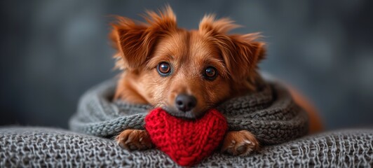 Cute lover Valentine puppy dog lying with a red heart, isolated on grey background