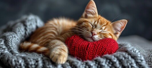 A small red kitten sleeps with a red knitted heart on a dark gray background