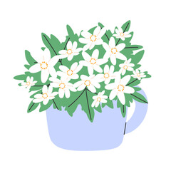 Bouquet of snowdrops in a mug vase. Stylish hand-drawn spring March flowers.For design, decoration and printing. Vector illustration EPS10