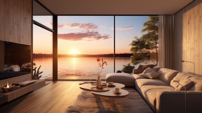 Fototapeta Terrace in the house and a balcony with the view of the sunset over the lake