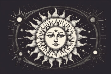 Sun with face, astrology engraving style. Hand drawn vintage, sketch vintage illustration