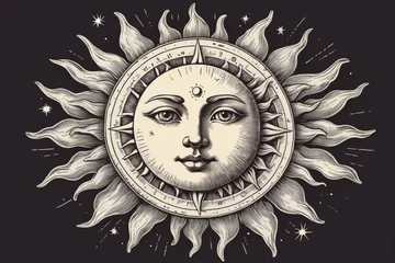 Foto op Canvas Sun with face, astrology engraving style. Hand drawn vintage, sketch vintage illustration © Giuseppe Cammino