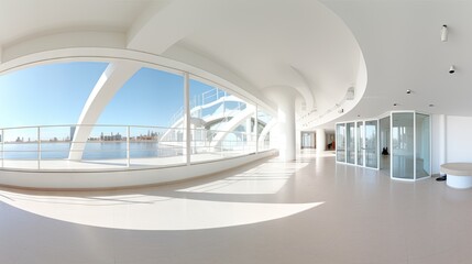 Modern white building interior illustrated in full 360 degree HDRI equirectangular panorama.