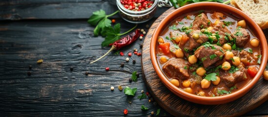 Chickpea and meat stew, chickpea and meat soup, hearty stew, copy space
