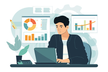 Financial Forecasting and Investment Strategy, Businessman Analyzing Financial Data, Vector Illustration.