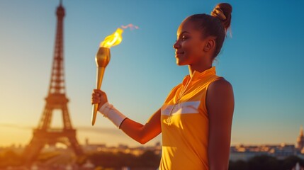 A young female athlete holds a torch, the Olympic flame on the background of the Eiffel Tower