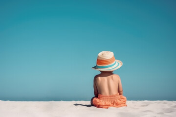 Anonymous girl sitting on sandy beach - obrazy, fototapety, plakaty