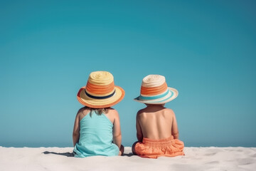 Unrecognizable girls sitting on sandy beach - obrazy, fototapety, plakaty