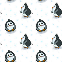 Funny penguins. Seamless pattern with funny penguins. Little chubby fat character penguins. Design for gift, textile, winter holidays, wrapping paper