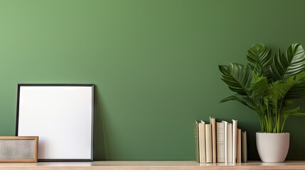 photo frame on green shelf with plants