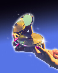 Poster. Modern aesthetic artwork. Hand holds vintage CD compact player against gradient background....