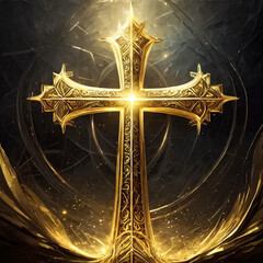 Generative Ai Gold Cross On A Dark Background