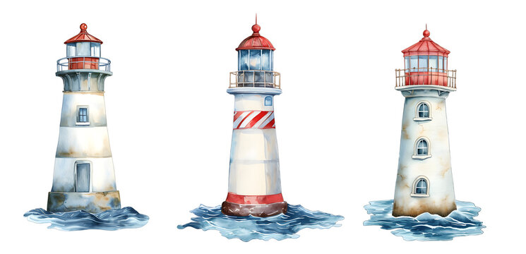 Set with three drawn lighthouses on the transparent background.