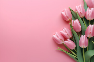 Blooming Elegance. Soft Pink Tulips Arrangement on Realistic Rose-Colored Background, Floral Springtime Composition for Greeting Cards, Invitations, and Feminine Designs