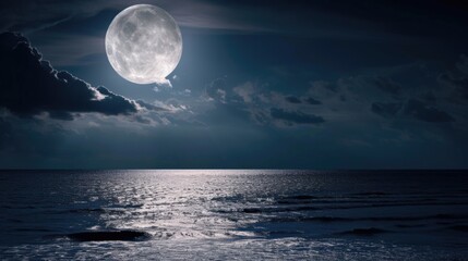 Fototapeta na wymiar A full moon is shining over the ocean.